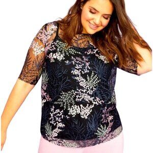Lane Bryant Black Sheer Floral Embroidered Top Size 22/24